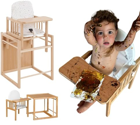 Trona evolutiva para bebé portátil de madera Evoluonge, convertible en silla y mesa infantil, segura, con asiento acolchado impermeable y funda transpirable Shirabe CoolDreams