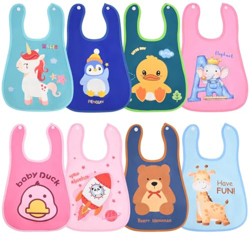 HOTUT Bavoirs Bébé, 8PCS Bavoirs Bébé en Imperméable, Pour Garçon, Fille, avec Boutons-Pression pour la Bave et le Repas
