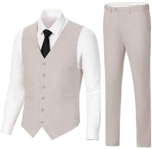 Solovedress Herren Anzug 2 Teilig Leinen Hochzeitsanzug Smoking Anzüge Regular Fit für Hochzeiten und Geschäft (Weste + Hose)(Beige,L)