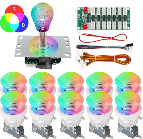 SJ@JX Arcade RGB LED Button Encoder & 4/8-Way Sanwa Joystick DIY Controller Kit, Microswitch Buttons, Plug & Play, Expandable RGB Lighting