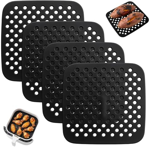 Silikonmatte Airfryer, Hitzebeständige Silikon Unterlage für Heißluftfritteuse, 4 Stück Schwarz, Quadratisch, Groß 21.5 cm, Ideal als Airfryer Zubehör ﻿
