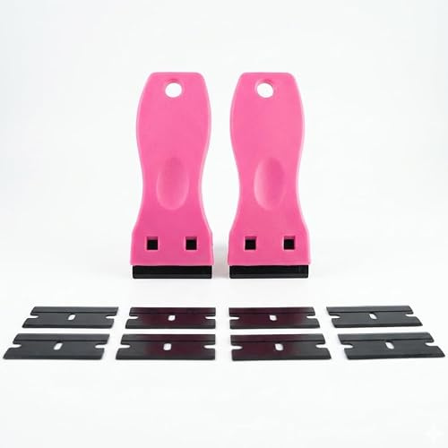 Plastic Scraper Tool Set, 2 Pink Scrapers with 8 Spare Plastic Edges, Sticker Label Remover for Adhesive Residue on Glass Windows, Car Windscreen, Ceramic Hob, Tiles and 3D Printer Build Plate