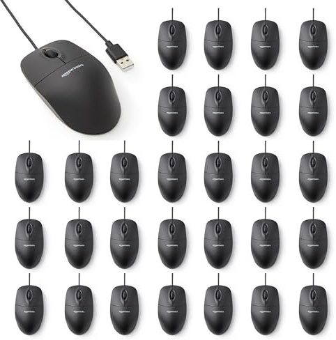 Amazon Basics 3-Button USB Wired Computer Mouse, Black, 30-Pack