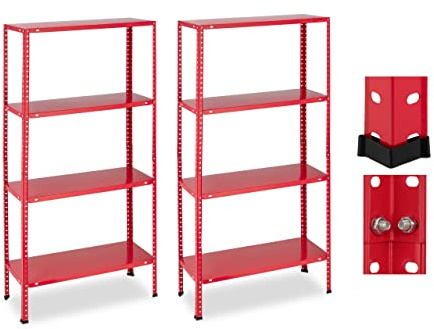 Relaxdays Hylla för tung last, set om 2, lastkapacitet 160 kg, 4 nivåer, HBT 147,5 x 75,5 x 30,5 cm, källare och garage, metallhylla, röd