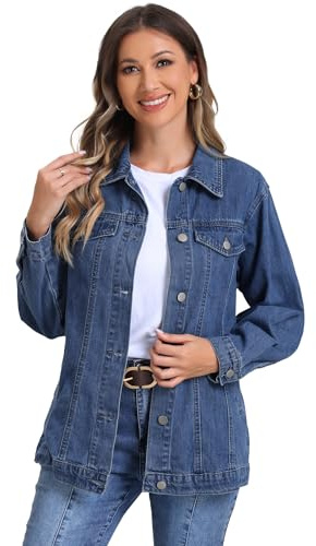 Allegra K Dam Lång jeansjacka för jeansjacka med stor långärmad ficka, Blå, L