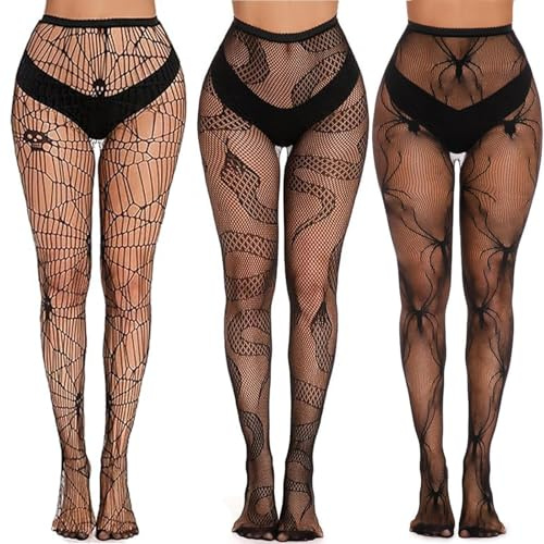 WNXBFO 3 Pairs Halloween Tights, Snake, Sparkly, Fishnet, Spiderweb Patterns, Black, One Size Fits Most Women