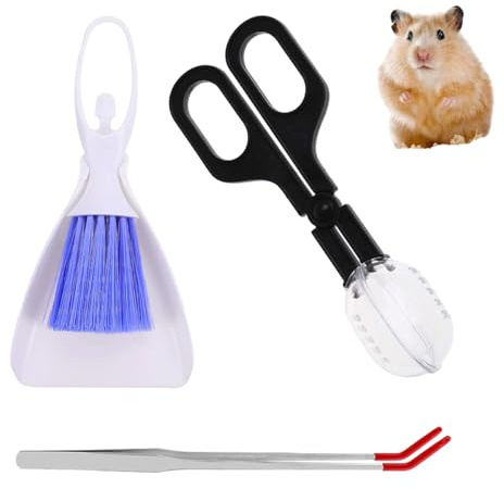 Mini Dustpan and Brush, Reptile Scoop Feeding Tool, Stainless Steel Straight Tweezers and Curved Tweezers for Reptiles, Hamsters, Hedgehogs, Rats, Guinea Pigs, Lizards and Other Small Animals(Black)