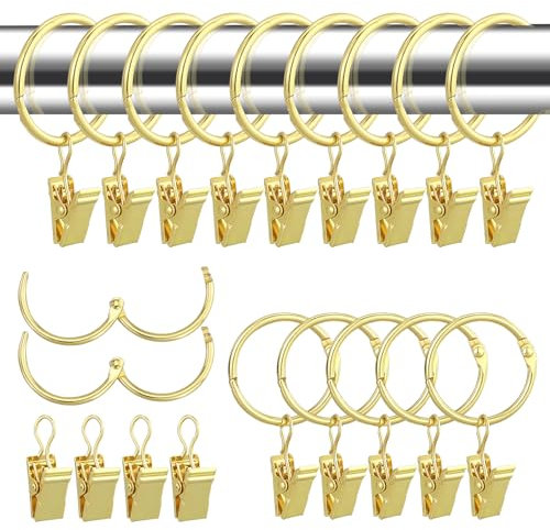 32 Piezas Anillos de Cortina de metal con Clips, inoxidables Argollas para Cortinas ​Clips de Cortina Anillos, Metal Cortina Anillo con Gancho Ventana Anillos para Cortinas, Diámetro 32 mm (Oro)
