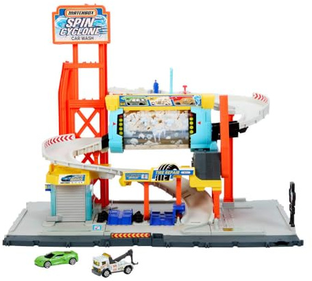 Matchbox Spin Cyclone Car Wash Conjunto de pistas, conjunto de juego con Corvette y grúa a escala 1:64 y túnel de lavado giratorio, taller y aparcamiento, JGB68