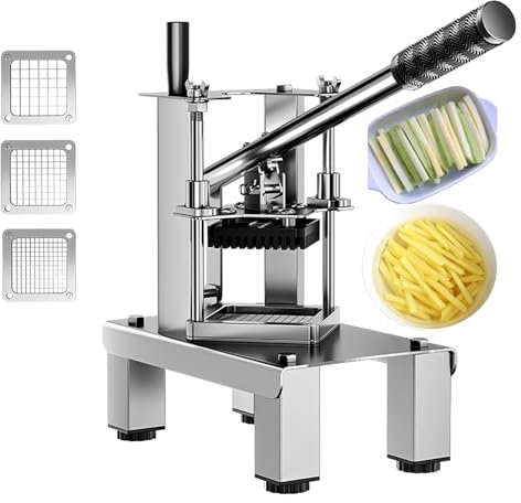 Cortador vertical manual de patatas fritas, cortador de verduras de acero inoxidable de 3 cuchillos, diseño de empuje, altura ajustable, 3 tipos de moldes, base antideslizante, adecuado para uso