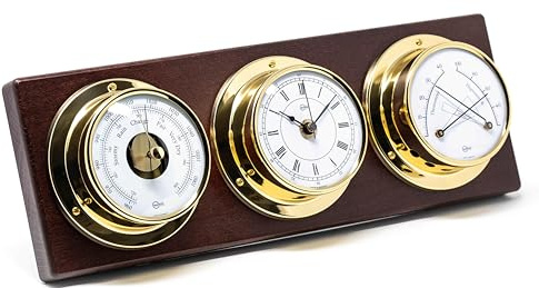 BARIGO 386MSMA TEMPO Wetterstation, Glas, Echtholz-Gehäuse | Wetterwarte mit Quarzuhr, Barometer, Hygrometer, Messbereich -35-65 °C, maritimes Design, Made in Germany