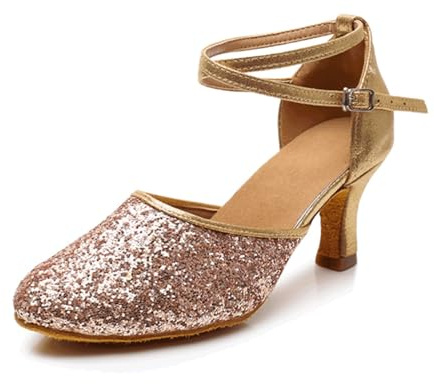 Rose,40,Latein-Tanzschuhe für Damen, Funkelnde Glitzer-Pumps mit niedrigem Absatz und geschlossener Zehenpartie für Ballsaal-Salsa, Cha-Cha-Performance-Übungs-Tanzsandalen