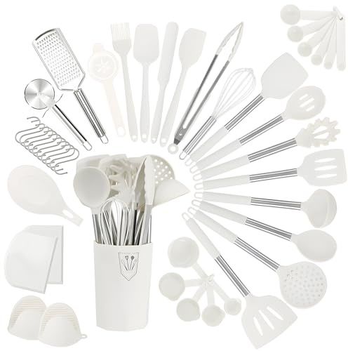 RIOVARM Set di utensili da cucina in silicone Antiaderente Set di utensili da cucina con supporto Gadget da cucina Tagliapizza Frullino in silicone Spatole Set di misurini e cucchiai Regali