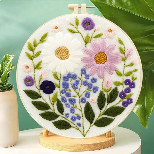 Zhenqing Daisy Wildflower Embroidery Kit, Pre-Printed Hoop for Beginners
