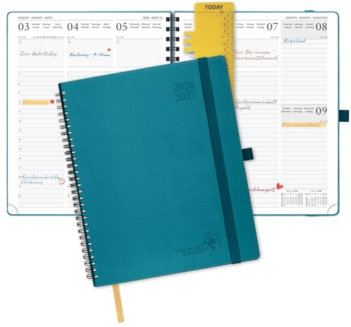 POPRUN Kalender 2026 2027 Wochenplaner, ca. A4 Spiralbuch mit Softcover | 17-Monate-Terminplaner,(Aug,2026-Dez,2027),1 Woche 2 Seite,ca,A4(25,9 x 21,2cm)(Pazifikgrün)