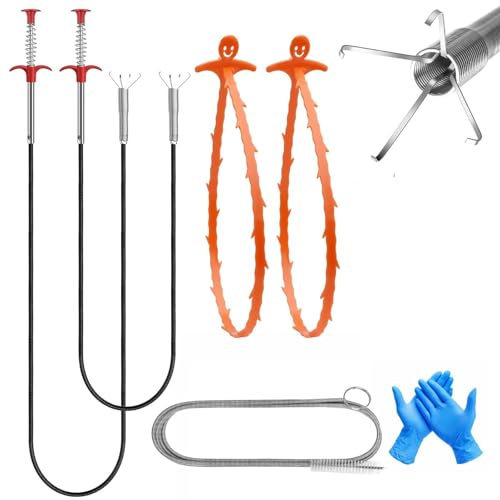 Kit de Débouchage Professionnel, 2 Pinces Flexibles, 2 Déboucheurs en Spirale, Vidange Gant de Protection, Élimine les Bouchons de Cheveux et Nourriture dans Canalisations, Siphons, Toilettes