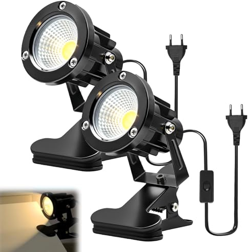 BORDEAG LED-spotlight med kontakt och strömbrytare, 2 stycken 10 W COB LED-strålkastare varm vit, skrivbord, trädgårdsstrålkastare växter spotlight, LED-klämspot med 1,8 m kabel för inomhus- och