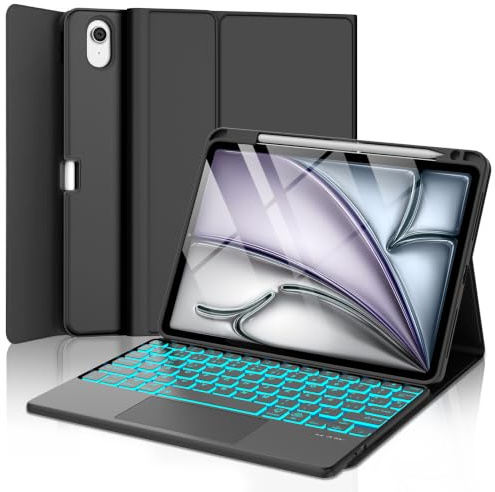 Qivxinnie Funda Teclado para iPad Air 11 Pulgadas M4 M3 M2 (2026/2025/2024) | Teclado con Touchpad, QWERTY Español Ñ, Magnético Desmontable Bluetooth Teclado, Retroiluminado de 7 Colores(Negro)