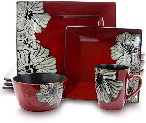 Elama's Luxurious Red Winter Bloom 16 Piece Dinnerware Set with Complete Settign for 4