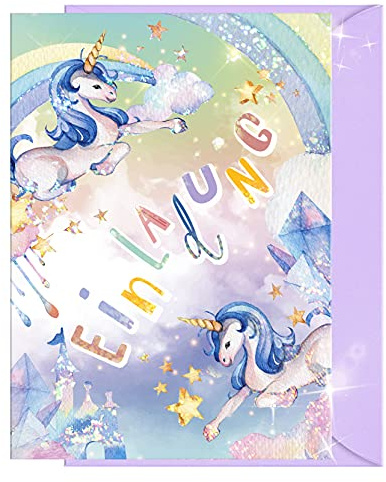 KOKO&LORA® 10x GLITZER Einladungskarten Kindergeburtstag | Magisches Einhorn mit passenden Umschlägen | Mädchen & Jungen | Einladung Geburtstag Kinder Pferde Geburtstagseinladung Einladungen