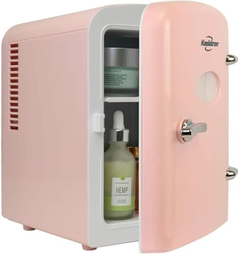 Koolatron Retro Mini Fridge For Bedrooms 12V Portable Cooler Refrigerator 4L Small 6 Can Table Top Quiet Mini Fridges For Skincare Food Drinks Kids Home Car & Travel Pink