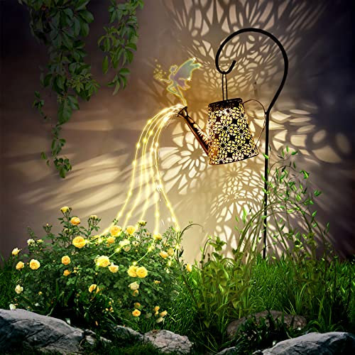 Annaffiatoio a pannelli a energia solare con catena luminosa per esterni, balcone, giardino, illuminazione vintage con gancio per pastore,