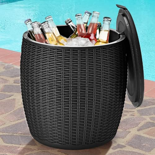 Tangkula Barra enfriadora de 9.5 galones, Mesa de Mimbre para Patio, Mesa de Bar de ratán al Aire Libre con Cubo de Hielo, Cubo de Hielo para Vino y Cerveza con Asas Laterales y Tapa, Enfriador de