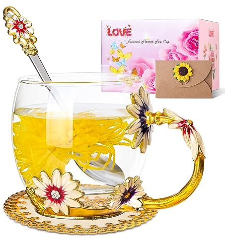 Homtibrm Tazza smaltata a forma di margherita, tazza da caffè in vetro con cucchiaio e set di biglietti regalo, regalo personalizzato per la mamma, insegnante, amici, compleanno, laurea, (oro)