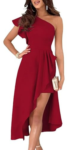 Dokotoo One Shoulder Dresses for Women Elegant Ruffle Empire Waist Asymmetrical Hi-Lo Hem Solid Zipper Up Bodycon Party Wedding Guest Midi Semi Formal Dresses Red X-Large