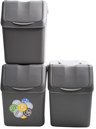 Sorting Waste Bin Set Recycling Segregation Stackable Lidded Handle 3 Colours Black Grey Ashen Flap Lid 20L 25L 35L (3pcs x 20 Litre, Grey)