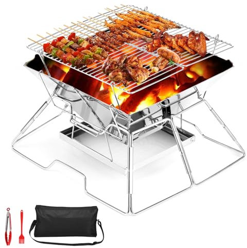 Portable Fire Pit BBQ For Camping: Stainless Steel Folding Firepit Small Barbecue Charcoal Grill For Garden, Outdoor, Campfire