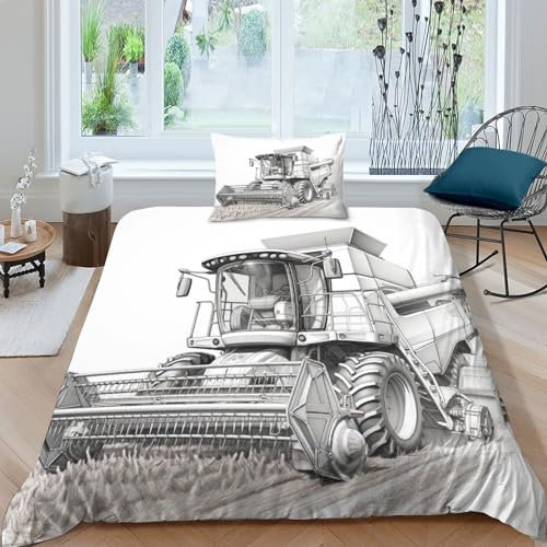 HUANGJIAHUI Mähdrescher-Traktor Bettwäschegarnitur Bettbezug Set 3D Gedruckter Mädchen Junge Kinder Bettwäsche Reissverschluss Und Kissenbezüge Weich Microfaser 2 Teilig Single（135x200cm）