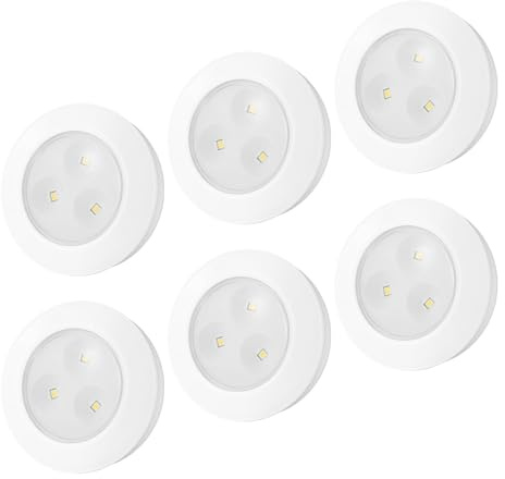 HONWELL LED-Pucklichter,Batteriebetriebenes Push-Licht, Ultradünne Presslampe mit 60 Lumen Berühren Sie Lampe Licht aufkleben Unterschrankbeleuchtung, Ideal für Schränke und Schränke, 6 Stück, Weiß