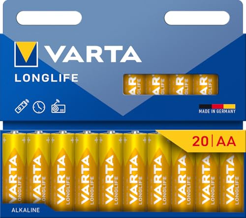 Varta AA Batteries, Long Life, Alkaline, 1.5 V, Ideal for Remote Controls, Alarm Clock, radios, wall Clocks, Plastic-Free Packaging, Made in Germany, Pack of 20