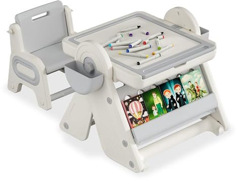 AufuN 6 in 1 Kindertisch mit Stuhl, Kindersitzgruppe, Spieltisch + Staffelei mit doppelseitiger & Abnehmbarer Tischplatte, Stauraum, Aktivitätstisch, zum Zeichen, Lernen, Spielen und Essen, Grau