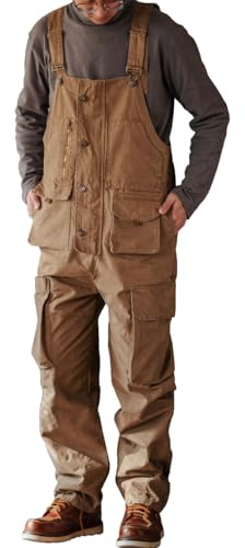 Rexcyril Men's Work Bib Overalls Baggy Loose Fit Workwear Dungarees Sloppy Coveralls with Cargo Pockets, Mid-Weight Khaki, 38