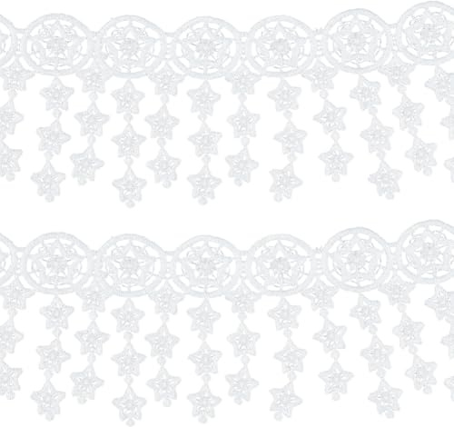 GORGECRAFT 4.6 m Weißer Spitzenbesatz Mit Quaste Stern Besticktes Fransenband 9cm Breit Faser Venedig Nähen Häkelspitze Stoff Stickerei Applikation Aufnäher Aufkleber Für Heimwerker Basteln Geschenkve