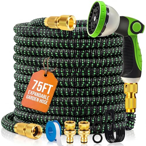 MOSII 75FT Expandable Garden Hose Pipe, Flexible Heavy Duty Water Hose Pipe Extendable with 10-Pattern Spray Nozzle, Brass Fittings, Hosepipes for Garden Car Washing (Green, 75FT/22.5M)