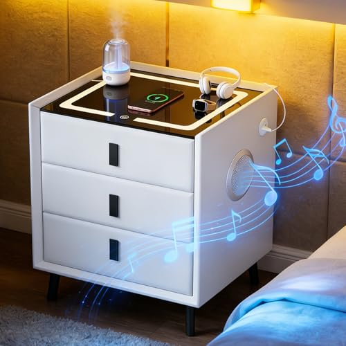 Vit Sängbord, Nattduksbord med LED-lampor, 3 lådor, 45 * 40 * 59cm Smart Nattduksbord, Dubbel USB, Trådlös laddning, Nattduksbords med öppen Hylla för Sovrum