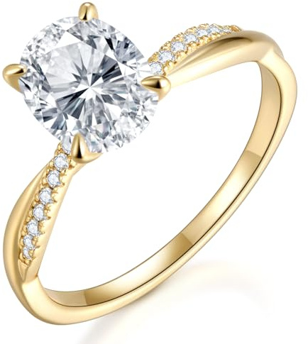 KSTYLE 14K Gold Plated Oval Shape Moissanite Engagement Rings for Women 925 Sterling Silver 2CT Engagement Ring Promise Rings for Her Ideal Gift (D Color VVS1 Clarity)