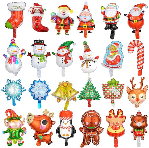 AYNKH 24 Pcs Ballons Aluminium de Noël, Ballons Hélium Fête avec Père Noël Renne Bonhomme Pain d’Épices Sapin, Décoration Arbre et Emballage Cadeaux