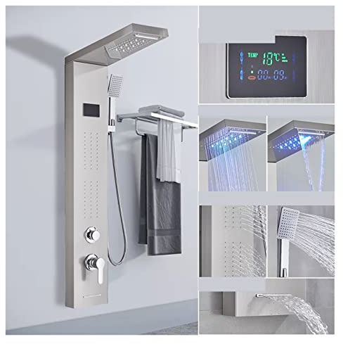Duschpanel i rostfritt stål tornsystem Led duschpanel 5 funktion Badrum Duschkran Väggmontering Svart kall och varm duschpelare(8011 brushed)