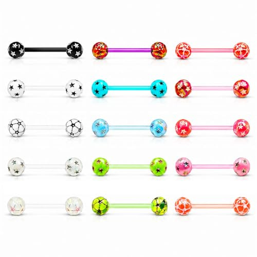 MixPiercing Set di 15 piercing per lingua in plastica, con sfera in silicone acrilico, 16 mm, 14 G (1,6 mm)