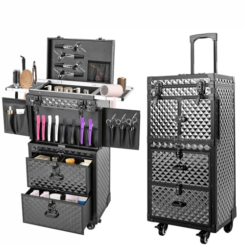 Maleta de maquillaje 4 en 1 con ruedas de 360 °, maletín cosmético profesional de aluminio, carro de viaje bloqueable, gran capacidad para peluquería y esteticista