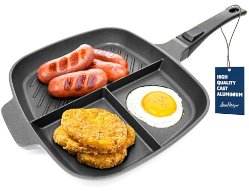 Jean-Patrique Lazy Pan – 3‑Section Non‑Stick Cast Aluminium Frying Pan with Detachable Handle, Induction/Gas/Electric Compatible, Oven Safe – Multi‑Compartment Breakfast & Grill Pan (3L Capacity)