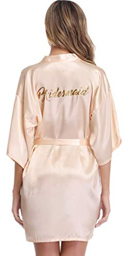 Vlazom Kimono Femme Satin Peignoir de Bridesmaid Robes de Chambre Demoiselle D'Honneur Court avec Ceinture，B Champagne/Bridesmaid，M