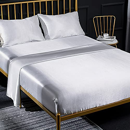 Jemiipee Completo Lenzuolo Letto Matrimoniale, 1 x Lenzuola Sotto con Angoli Tinta Unita 180x200 cm con 1 x Lenzuolo Piatto e 2 x Federe, Biancheria da Letto in Raso, Bianco