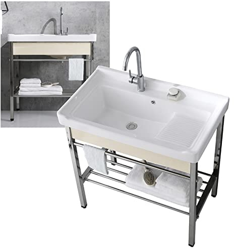 Home Kitchen Laundry Room Ceramic Freestanding Sink - Modern Single Bathroom Vanity Set With Stainless Steel Shelf and Hot Cold Water Faucet for Farmhouse