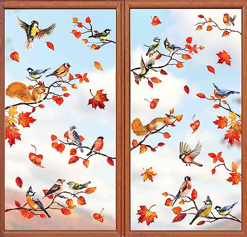 Whaline 9 Sheets Fall Thanksgiving Window Cling Bird Branch Leaves Window Sticker Colorful Double-Sided Window Decal for Autumn Holidays Thanksgiving Harvest School Home Party Decor, 7.9 x 11.8 Inch