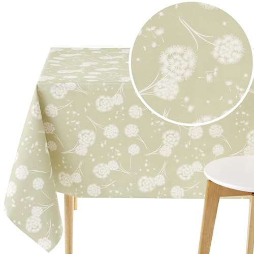 KP HOME Abwischbar Kunststoff Rechteckig Pusteblume Wachstuchtischdecke 250 x 140 cm, Wasserdichtes Wachstuch, Pflegeleichte Vinyl PVC Tischdecke, Löwenzahn Muster in Salbeigrün